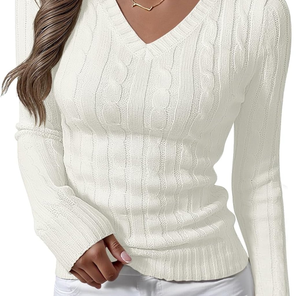 Womens Long Sleeve Cable Knit Sweater 2025 Fall Fashion V Neck Fitted Pullover T